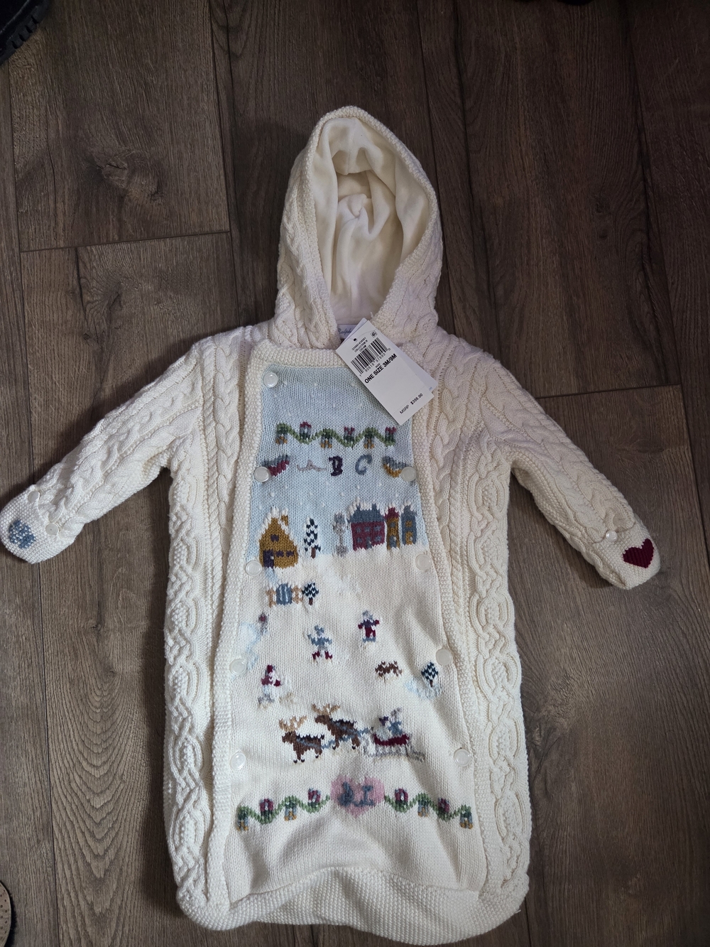 NWT Ralph Lauren Cream Hooded Cable Knit Baby Bunting with Pastel Embroidery